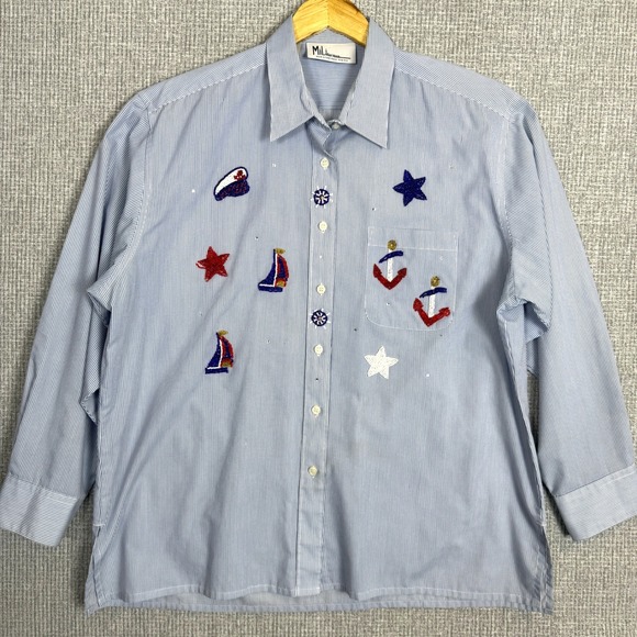 Vtg Mili Designs Nautical Button Down Shirt Striped XL Patriotic USA Stars Boats - Picture 1 of 16